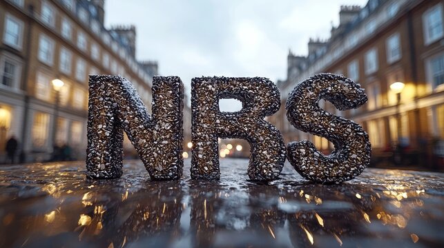 NRS letters formed from metallic textured material, sit on a reflective surface in a city street.