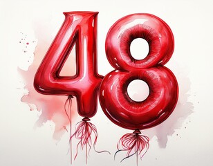 Fototapeta premium Red birthday / anniversary balloon, number 48, watercolor painting with white background