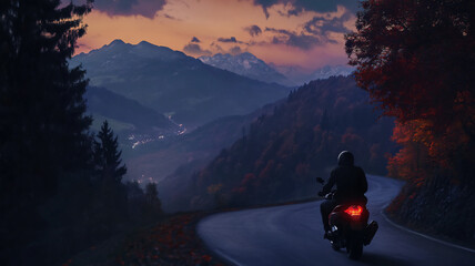 riding a motor during autumn in the mountains during midnight with a birds eye view 