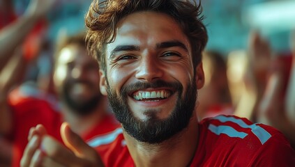 Happy fan celebrating at a sports event with a big smile.