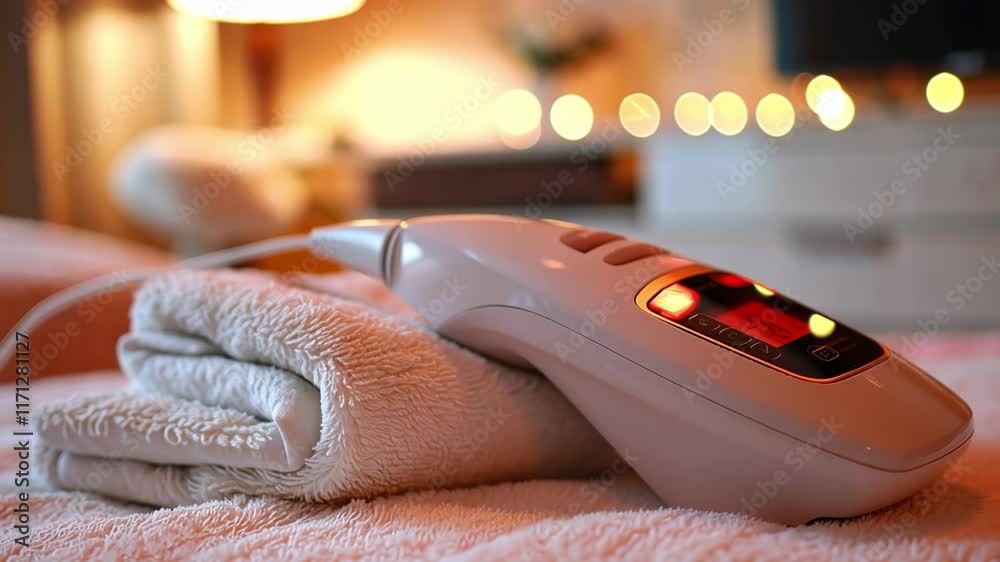 Poster This High tech spa tools rest on a soft towel in a cozy, inviting atmosphere designed for relaxation. Photoepilator