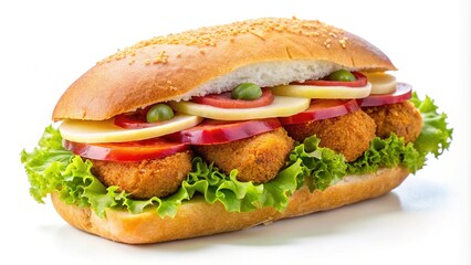 Long exposure shot of a Dutch meat croquette sandwich, white background.