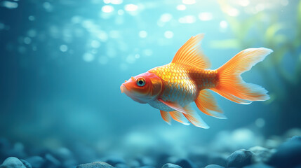 Fototapeta premium calm fish swimming gracefully in serene aquarium setup, surrounded by clear water and pebbles, creating tranquil atmosphere
