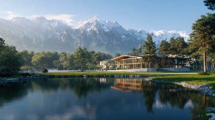 Fototapeta premium Modern chalet nestled amidst a serene mountain landscape, overlooking a tranquil lake.