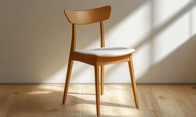 Wooden chair with white seat.