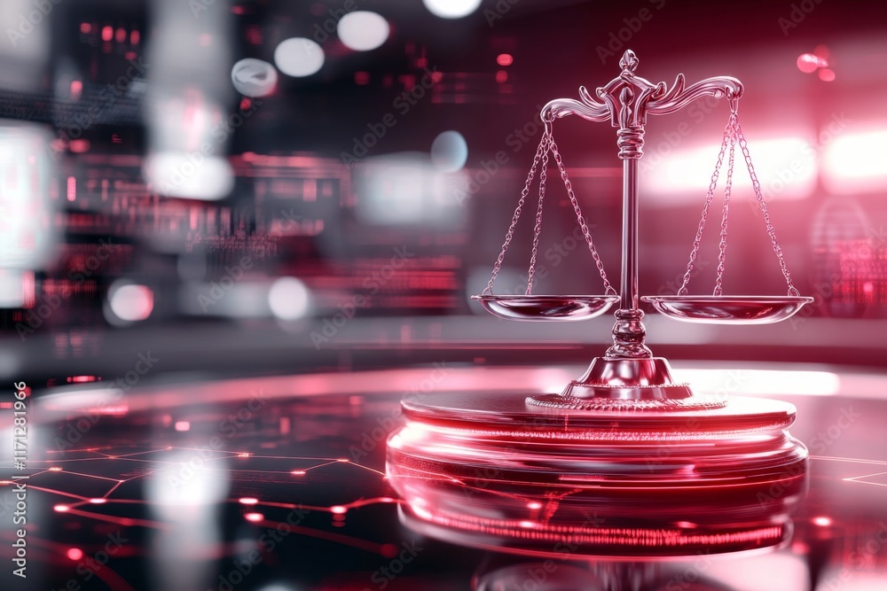 Poster a vibrant 3d-rendered scale of justice with glowing edges, placed in a futuristic courtroom setting