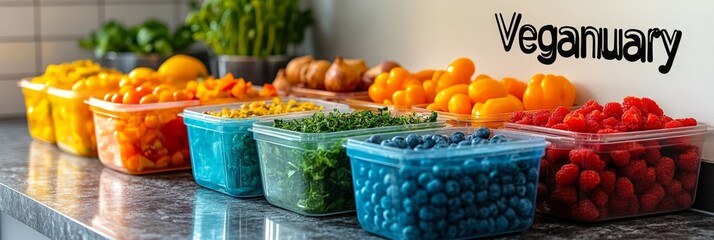 Brightly arranged containers of fresh fruits and vegetables promoting a healthy lifestyle for Veganuary on a kitchen counter.