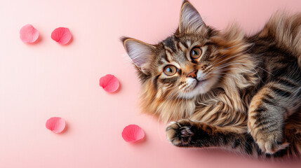fluffy cat lounging on pastel pink background, surrounded by delicate pink petals, exudes playful and relaxed vibe. This charming scene captures essence of tranquility and beauty