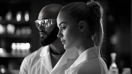 Professional Scientists in Laboratory Setting with Focused Expressions