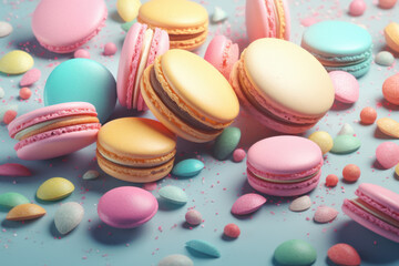 Obraz premium Colorful macarons with sprinkles on a pastel background