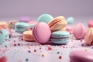 Obraz premium Assorted macarons in pink and blue tones with candy sprinkles