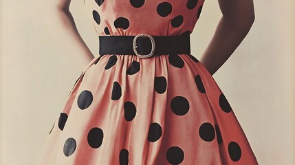 A vintage 1950s polka dot dress with a flared skirt and belt