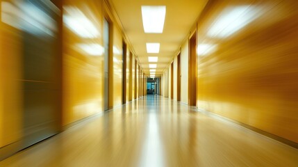 Obraz premium Blurred view of a sleek, spacious hallway in a contemporary office space