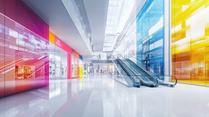 Modern shopping mall interior with escalator, colorful walls, and bright lighting.