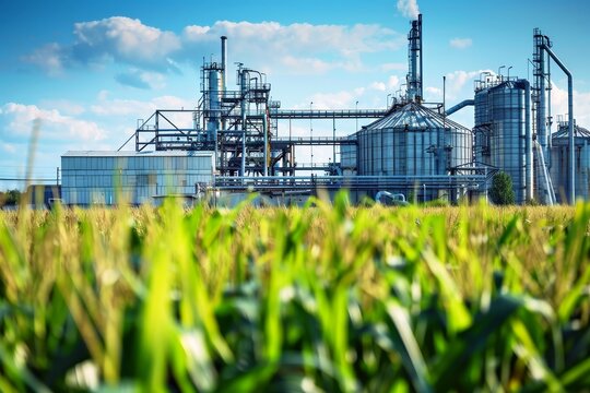 A modern biofuel refinery processing crops like corn or soybeans into renewable fuel sources.
