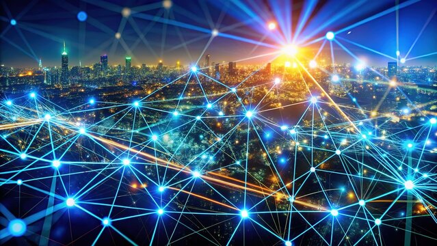 Night photography: futuristic data streams, vibrant network.