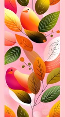 Fototapeta premium A pink ribbon with birds and leaves on it