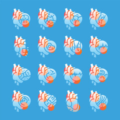 Heart diseases glassmorphism illustrations. Transparency blur elements.