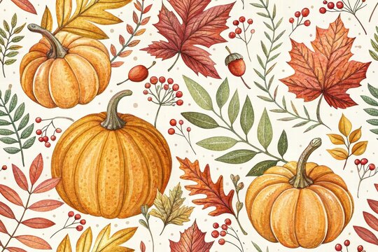 Seamless pattern  pumpkin and leave background , wall paper, fabric , textile.
