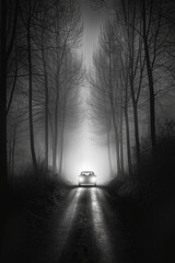 Fototapeta premium A dark road in the woods, surrounded by tall, leafless trees shrouded in fog at night. A single car shines through the mist on one side of the street, adding to the mysterious ambiance.