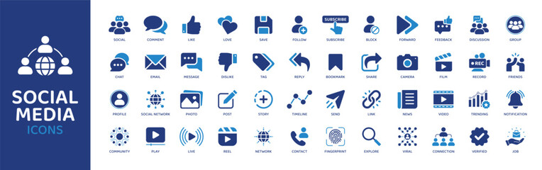 Social Media - Icon Collection. Thin Line Set contains such Icons as Engagement, Likes, Shares, Comments, Posts, Hashtags and more. Simple web icons set.