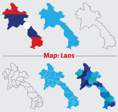 Laos country map set. internal provinces borders marked, Simple map of Laos vector drawing, Filled and outline.