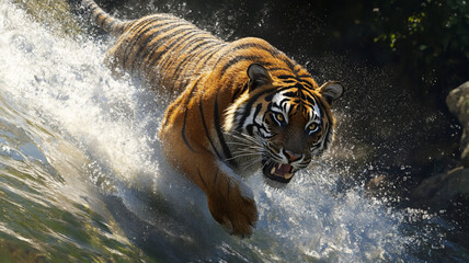 running tiger during mid-day in a river with a birds eye view 