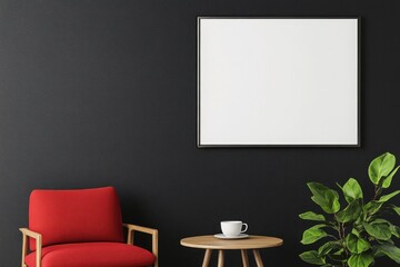 A stylish mockup of a stainless steel picture frame mounted on a clean, black wall in a minimalist, bright interior.
