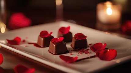 An elegant Valentineâ€™s dinner setup featuring chocolate roses as edible decor, accented by fresh rose petals