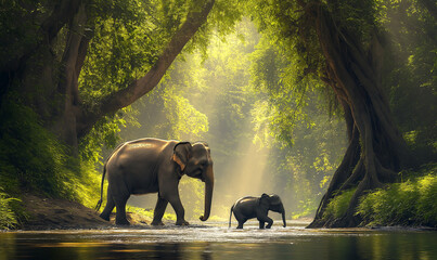 A mother elephant and her calf stand by the river in a tropical rainforest.