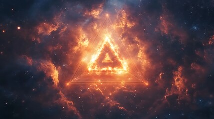 Abstract triangle symbol glowing intensely within a swirling nebula of orange and dark clouds, dotted with stars.