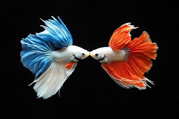 Fototapeta premium Two colorful betta fish face each other on black background.