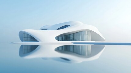 Fototapeta premium A futuristic, organic-shaped building reflecting in calm water, showcasing modern architecture.