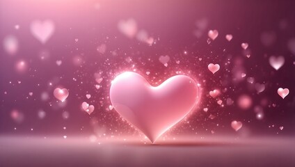 A pink heart with shimmering particles sits at the center, surrounded by blurred hearts on a pink background.