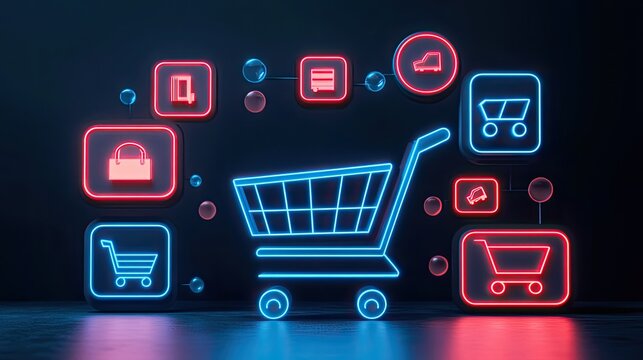 Neon shopping cart with glowing app icons, representing online shopping, e-commerce, digital market, and retail.