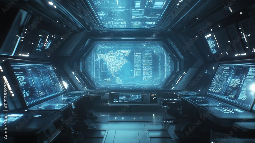 Poster futuristic control room with screens displaying data and a map.
