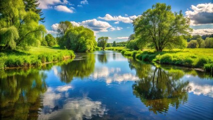 Fototapeta premium Serene river meanders through sun-drenched fields, minimalist scene.