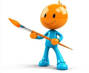Happy creative character holding a paintbrush in a colorful artistic setting with bright colors