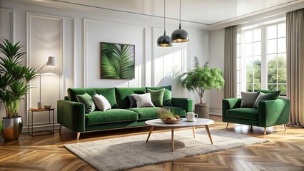 Sleek modern room features plush green velvet seating.