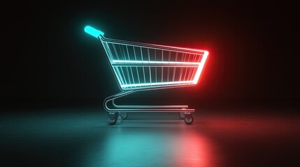 Neon-lit shopping cart on dark background, glowing teal and red, metallic, empty, reflective surface.