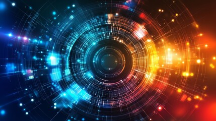 Abstract digital design with vibrant colors and circular patterns suggesting technology and motion.