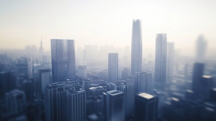 Obraz premium A hazy city skyline with tall buildings, creating a mysterious urban atmosphere.