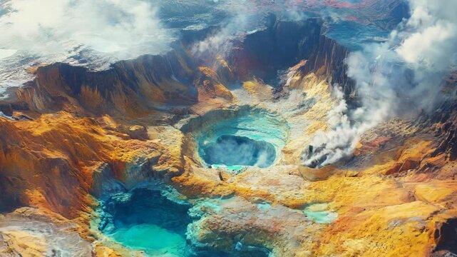Aerial view of a volcanic region with geothermal activity, showcasing colorful mineral deposits and steaming fumaroles