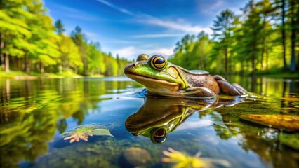 Fototapeta premium Spring in Maine: a lively green frog takes a refreshing dip, captured in stunning wildlife photography.