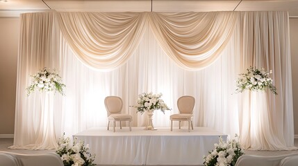 Elegant wedding ceremony backdrop with draped fabric, chairs, and floral arrangements on a raised platform.