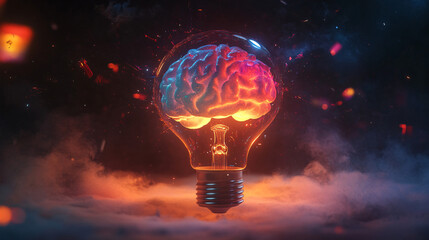 Creative concept light bulb explodes with colorful water colors on a light blue background. Think different, creative idea. Productivity and creativity
