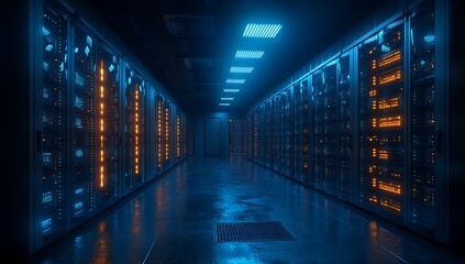 A dimly lit server room with glowing equipment and cables.