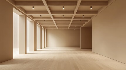 Obraz premium Empty modern minimalist room with wooden floor, high ceiling, and large windows.