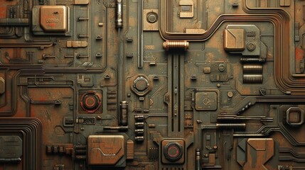 Fototapeta premium Abstract close-up of a textured, industrial panel with intricate circuitry and rust.