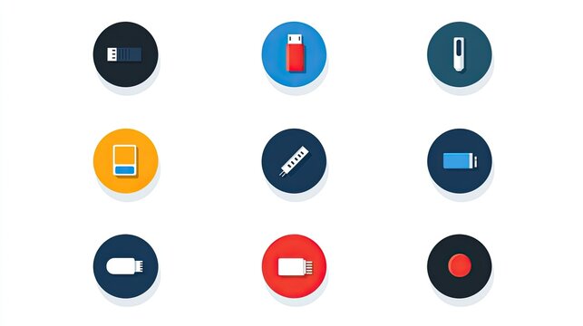 Nine colorful circular icons depicting various storage devices and batteries.